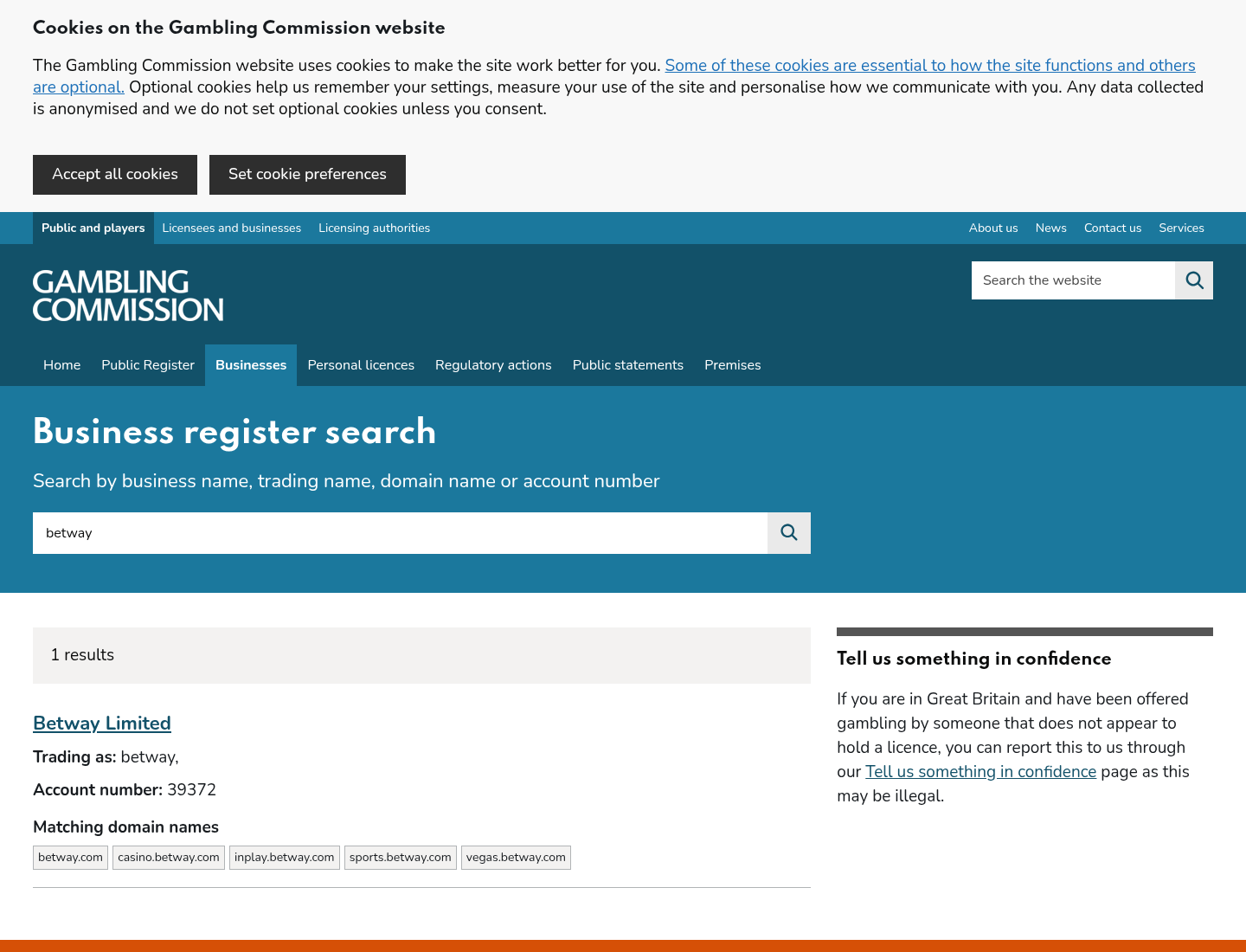 ພາບບັນທຶກ UK Gambling Commission ທີ່ໃຊ້ກວດບໍລິບົດ Betway
