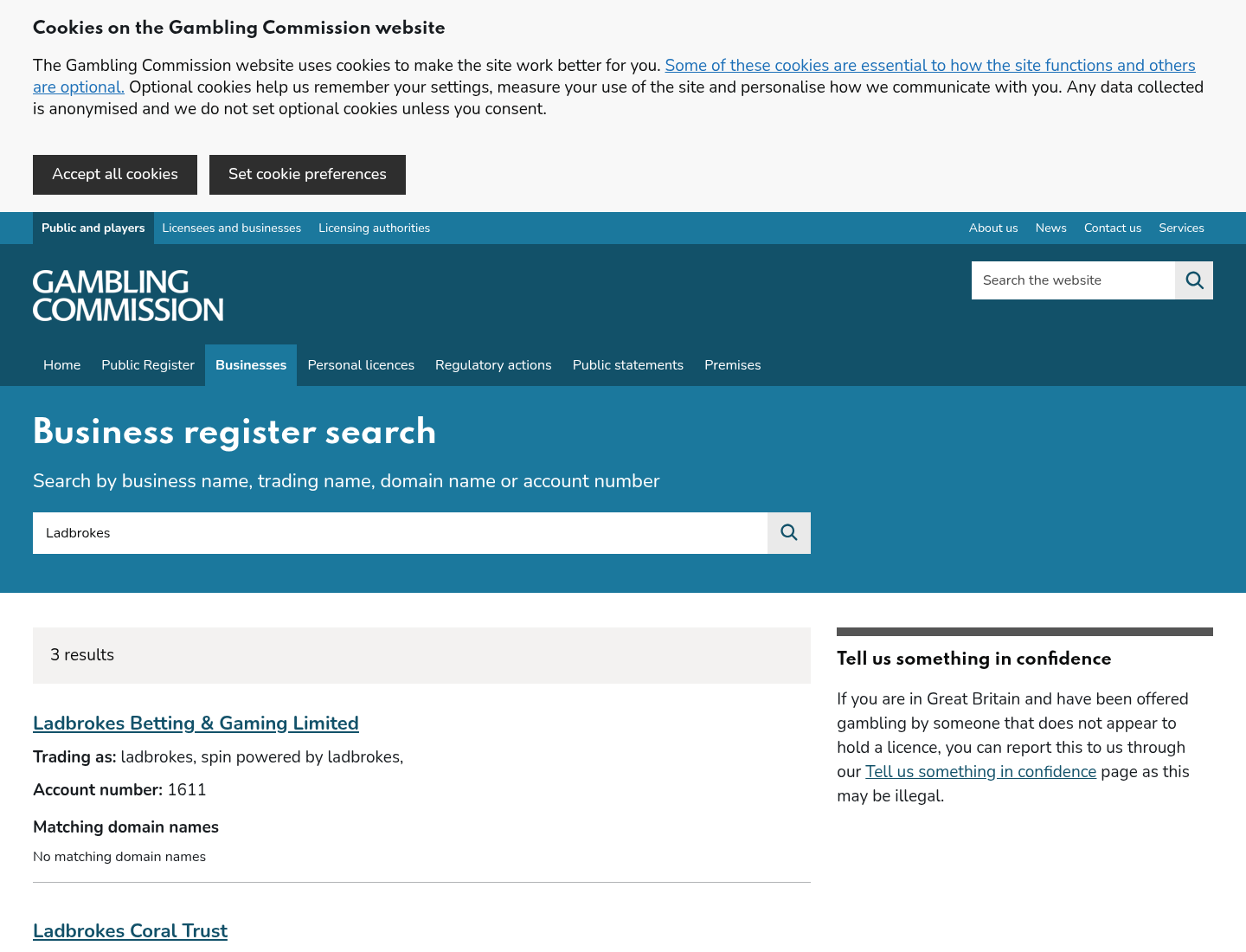 ພາບບັນທຶກຜົນຄົ້ນຫາທະບຽນ UK Gambling Commission
